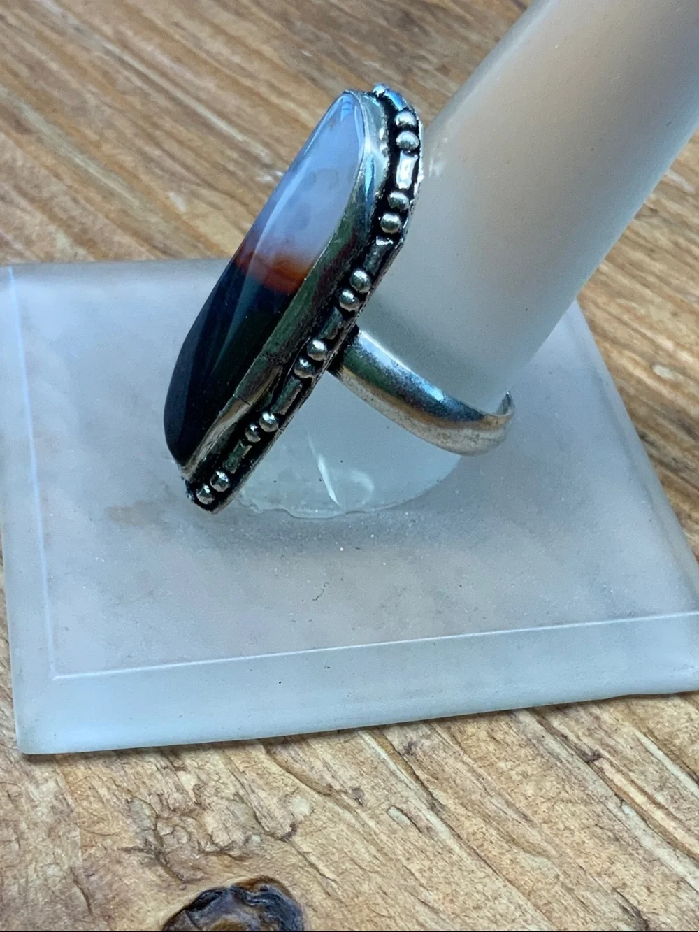 Agate Gemstone Elegant Long Oval Silver Overlay Stone Ring - 9
